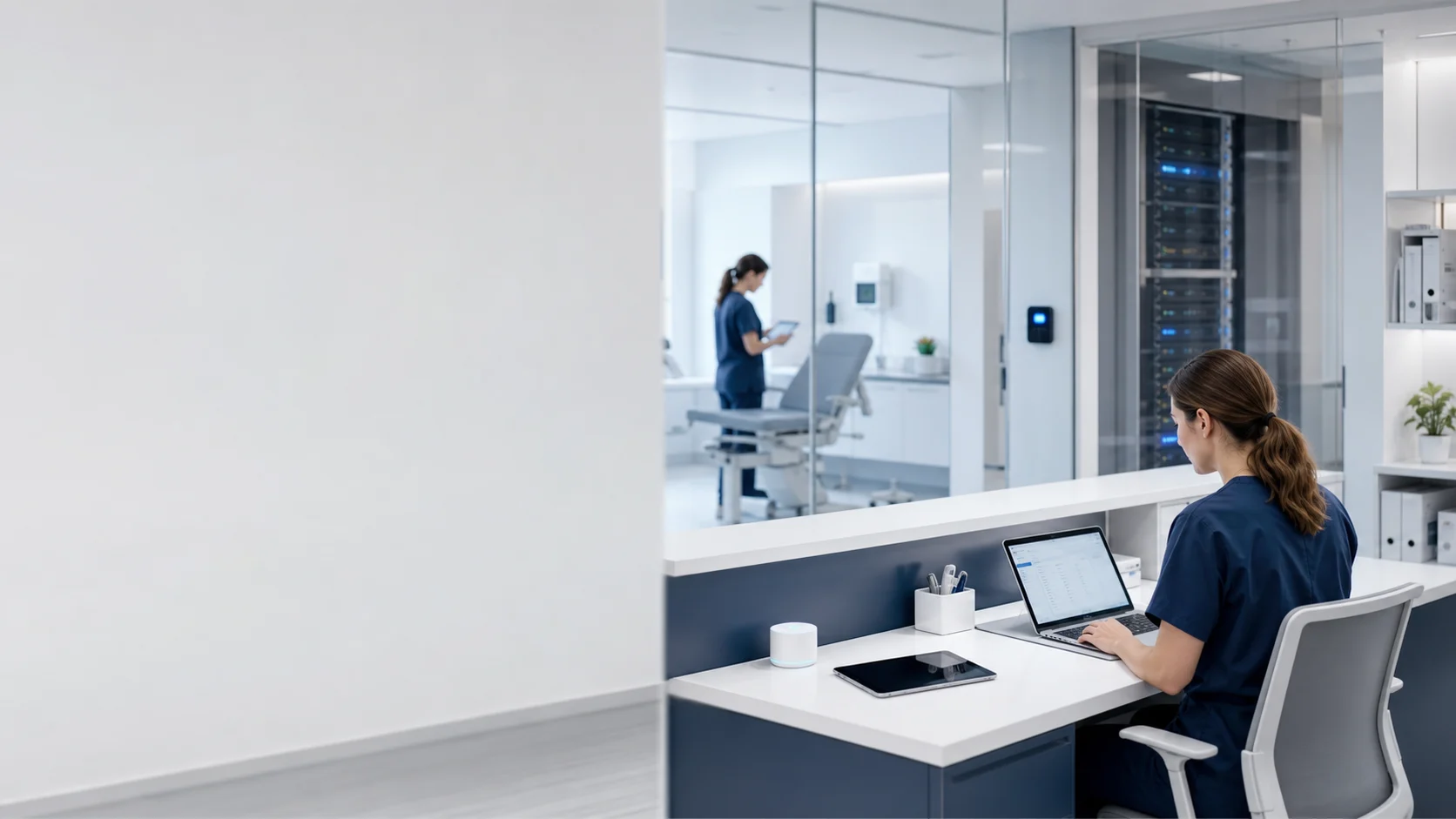 Moderne medizinische Praxis mit geschützter IT-Infrastruktur und sicheren Arbeitsplätzen