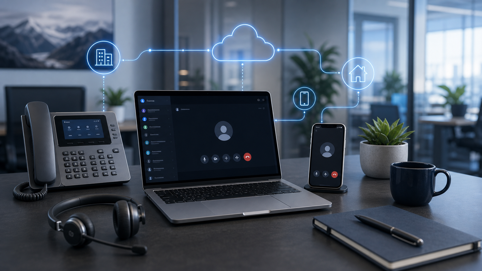 Laptop und Cloud-Telefonie-Geräte als Planungsszene für eine Microsoft-365-Migration