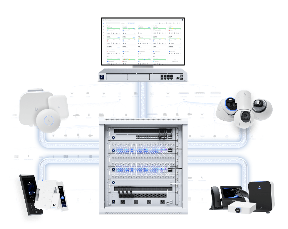 Netzwerk-Rack mit Switches, WLAN und Firewall